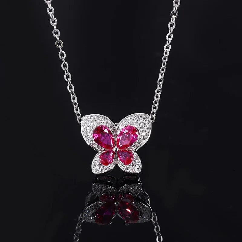 S925 Silver Pigeon Blood Ruby Diamond Butterfly Necklace Pendant