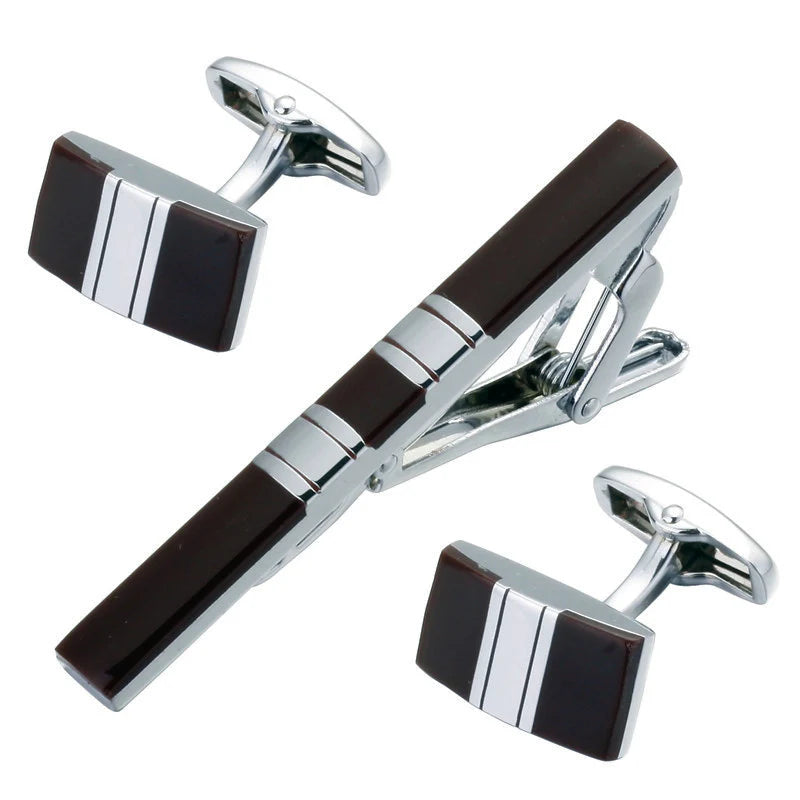 Enamel Silvery Striped Tie Clip & Cufflinks Set French Cufflinks