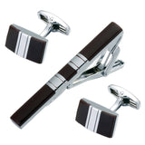 Enamel Silvery Striped Tie Clip & Cufflinks Set French Cufflinks