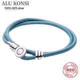 Leather Ball & Barrel Clasp Charm Bracelet Bangle