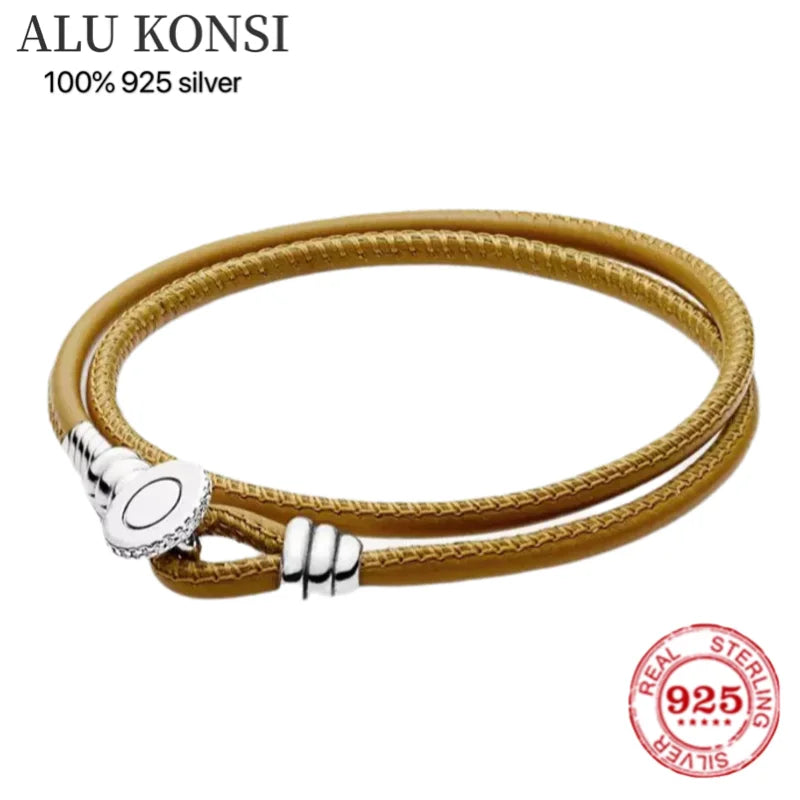 Leather Ball & Barrel Clasp Charm Bracelet Bangle