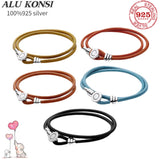 Leather Ball & Barrel Clasp Charm Bracelet Bangle