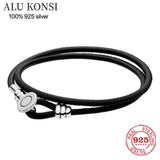 Leather Ball & Barrel Clasp Charm Bracelet Bangle