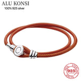 Leather Ball & Barrel Clasp Charm Bracelet Bangle