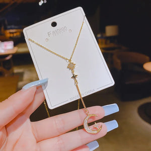 Star & Moon Micro-Inlaid Necklace Feminine Real Electroplating