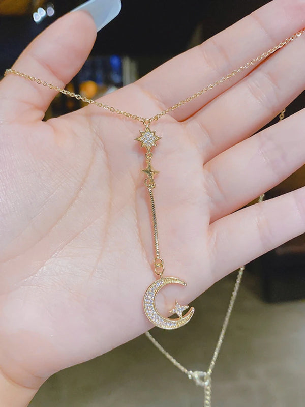 Star & Moon Micro-Inlaid Necklace Feminine Real Electroplating