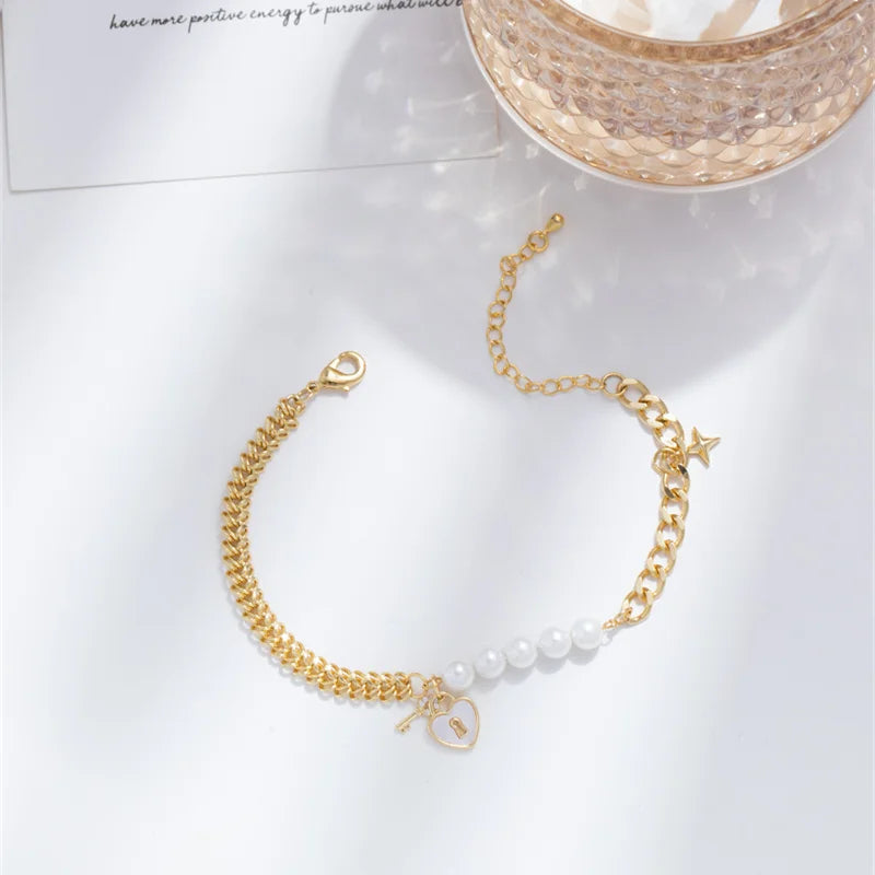 Thick Chain Link Splice Pearl Key Chain Bracelet for Women