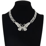 Cuban Link Chain Big Butterfly Necklace Rhinestone Choker Girls Jewelry