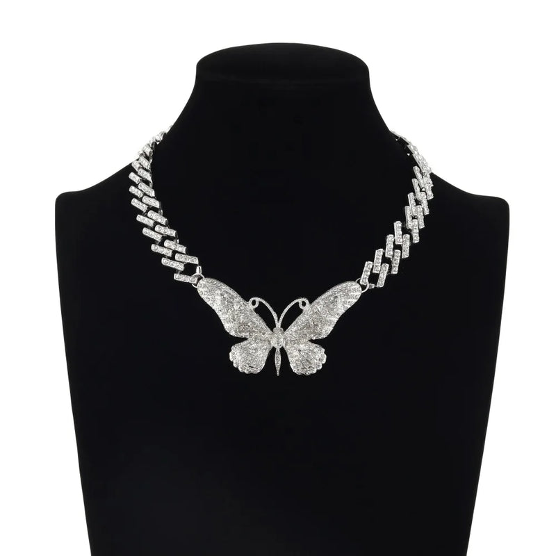 Cuban Link Chain Big Butterfly Necklace Rhinestone Choker Girls Jewelry