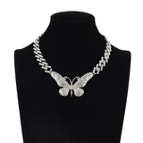 Cuban Link Chain Big Butterfly Necklace Rhinestone Choker Girls Jewelry