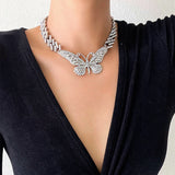 Cuban Link Chain Big Butterfly Necklace Rhinestone Choker Girls Jewelry