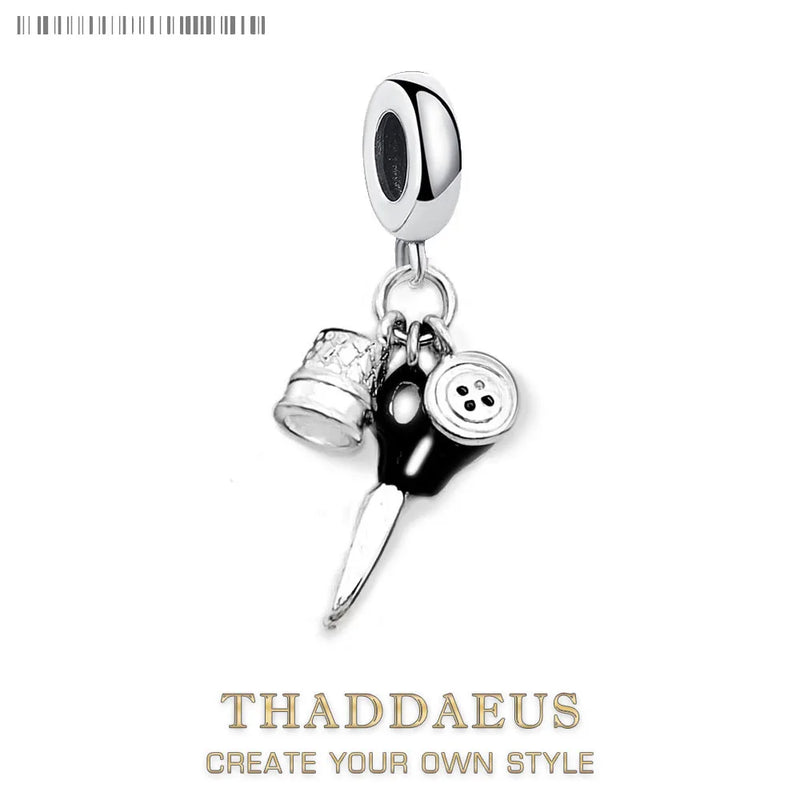 Thimble Scissors Button 925 Silver Dangle Charm