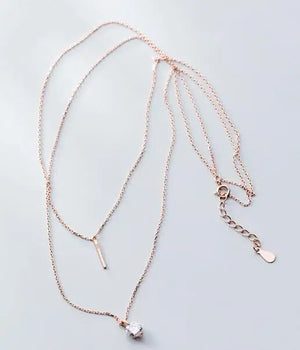 Silver 925 Lucky Bar Solitaire Pendant Double Rows Necklace C-D5204