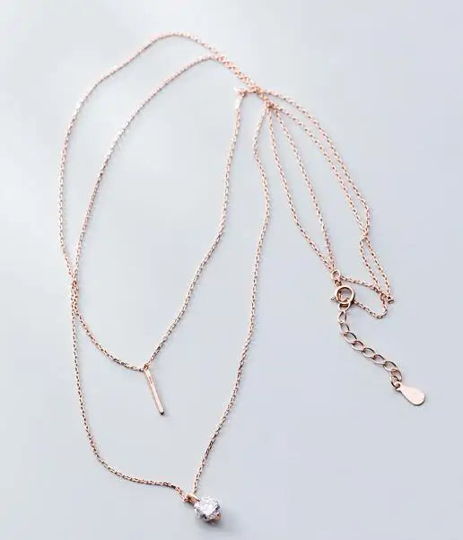 Silver 925 Lucky Bar Solitaire Pendant Double Rows Necklace C-D5204