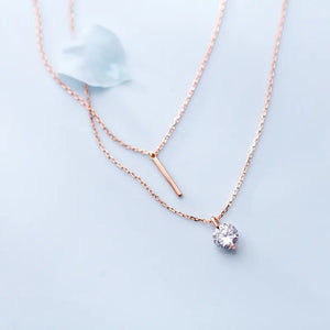 Silver 925 Lucky Bar Solitaire Pendant Double Rows Necklace C-D5204