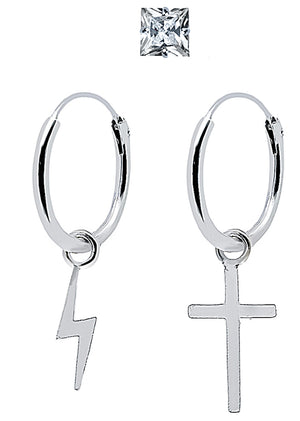 925 Silver Hoop Earrings with Cross Pendant and Lightning, Zirconia, 4mm