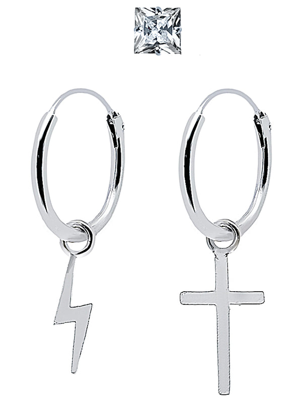 925 Silver Hoop Earrings with Cross Pendant and Lightning, Zirconia, 4mm