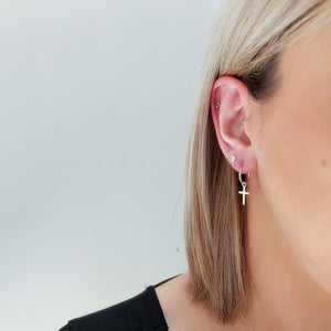 925 Silver Hoop Earrings with Cross Pendant and Lightning, Zirconia, 4mm