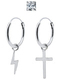 925 Silver Hoop Earrings with Cross Pendant and Lightning, Zirconia, 4mm