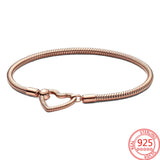 Rose Heart Closure Snake Chain Bracelet 925 Silver Girl Jewelry Gift