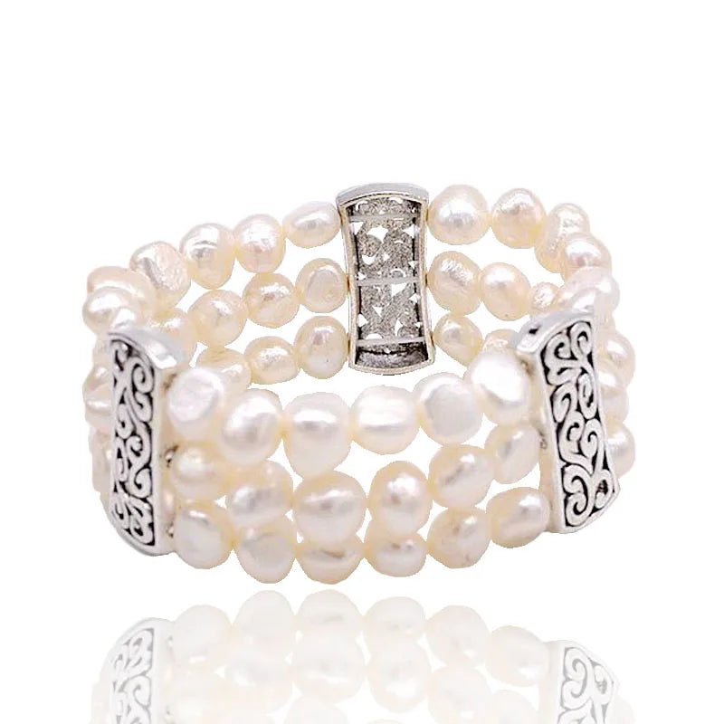 3-Row Bracelet Natural Pearl Tibetan Silver Vintage Beaded Baroque Style