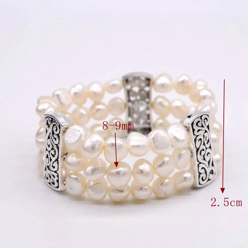 3-Row Bracelet Natural Pearl Tibetan Silver Vintage Beaded Baroque Style