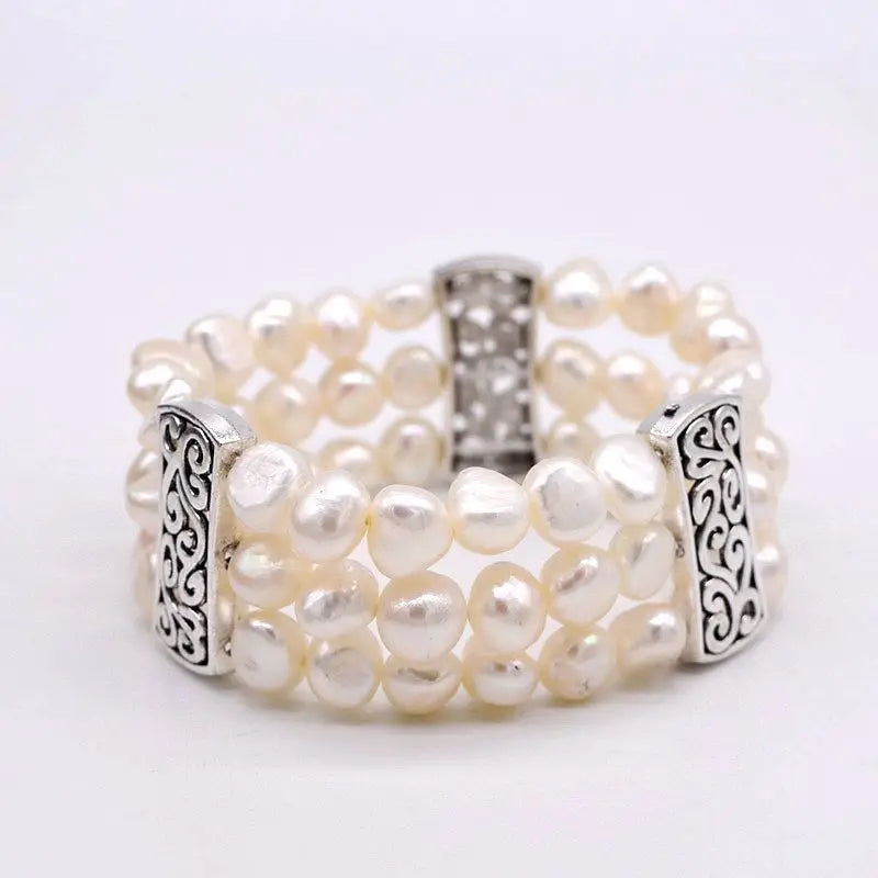 3-Row Bracelet Natural Pearl Tibetan Silver Vintage Beaded Baroque Style