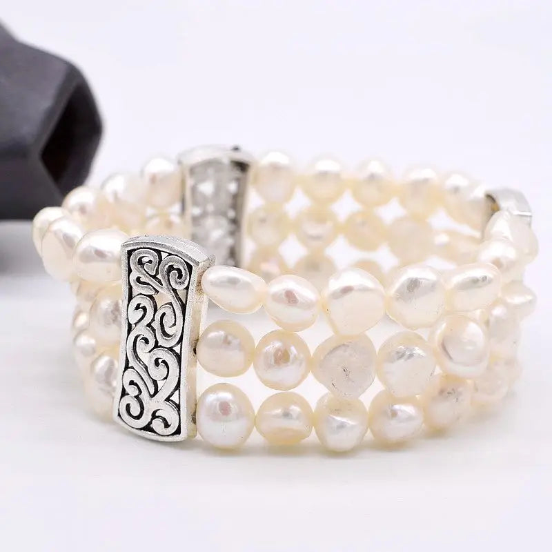 3-Row Bracelet Natural Pearl Tibetan Silver Vintage Beaded Baroque Style