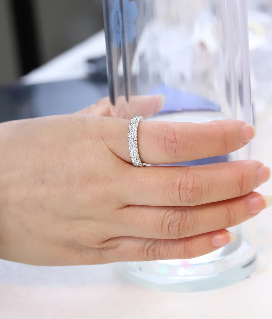 Clear Crystal Stainless Steel Wedding Ring Three Rows Full Size