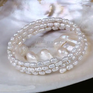 3-Row Freshwater Pearl Bracelet Rice Shape Beads Women's Jewelry