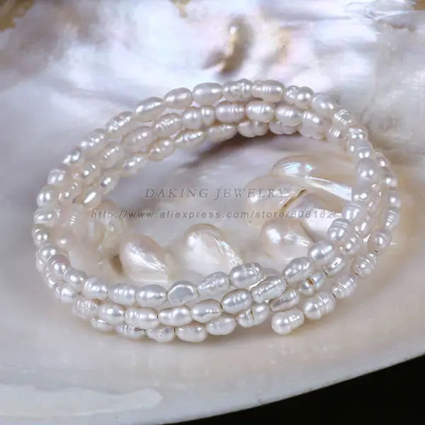 3-Row Freshwater Pearl Bracelet Rice Shape Beads Women's Jewelry