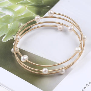 3-Row Natural Pearl Beads Bangle Bracelet