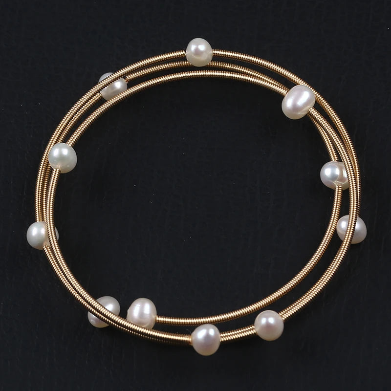 3-Row Natural Pearl Beads Bangle Bracelet