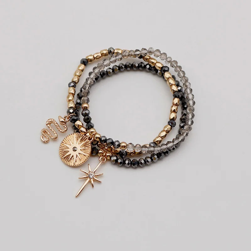 Set of 3 Glass Bead Bracelets with Charms for Women