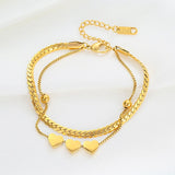Golden Stainless Steel Women Bracelet with Small Heart Double Layer Design