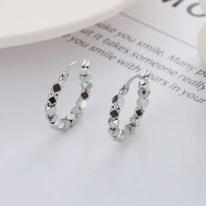 Polygonal Cut Surface Geometric Earrings Silver Square Beaded Ear Buckles