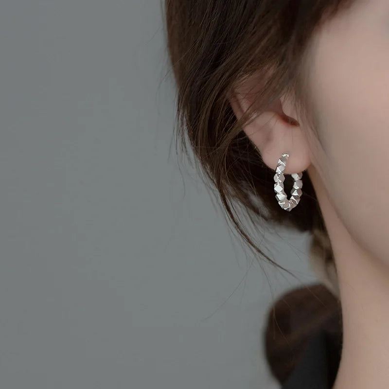 Polygonal Cut Surface Geometric Earrings Silver Square Beaded Ear Buckles