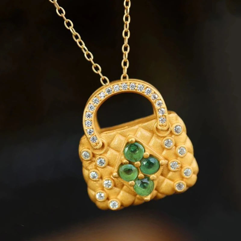 3D Craft Emerald Gemstone Pendant Women's Necklace Chinese Gold-Plated Jewelry