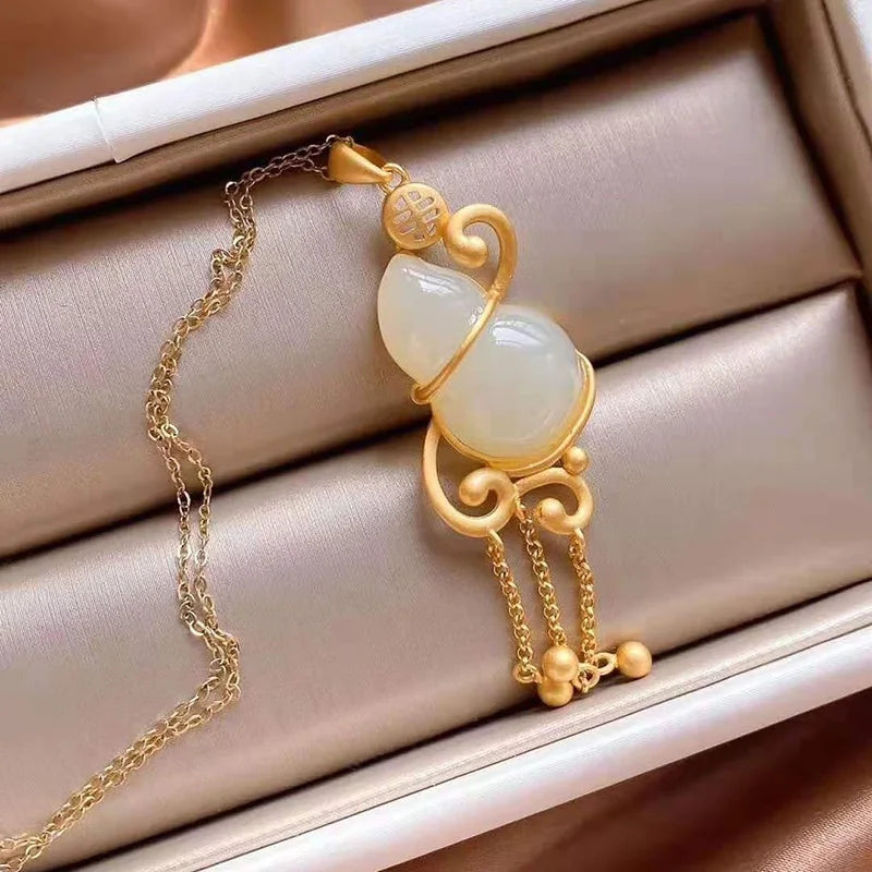 3D inlaid Hetian jade gourd pendant necklace ancient craft charm jewelry