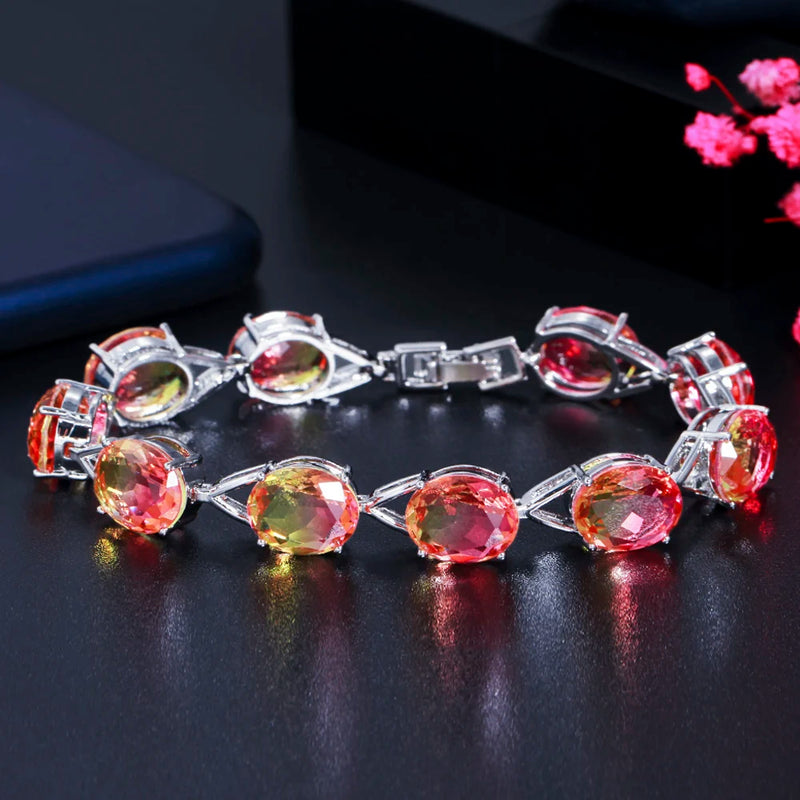 Rainbow Fire Oval Tennis Bracelet Red CZ Crystal Women Jewelry