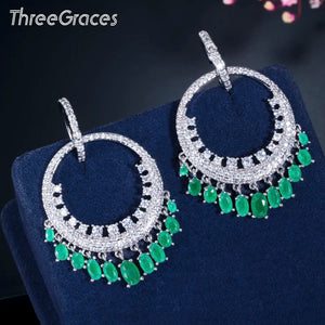 Boho Green CZ Crystal Silver Circle Round Hoop Earrings ER547