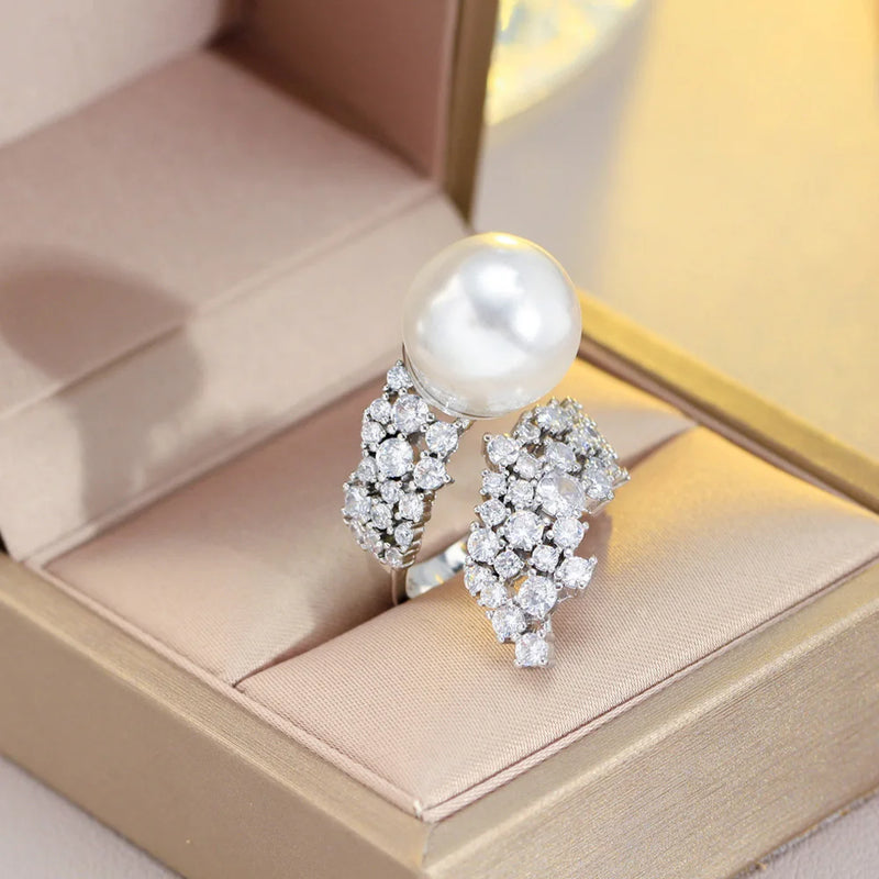 Big CZ Pearl Wedding Party Open Ring for Women R193