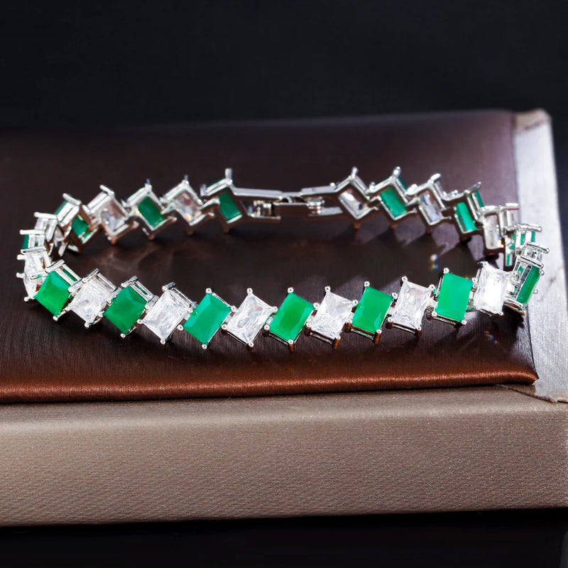 ThreeGraces Green CZ Silver Tennis Bracelet Geometric Party Jewelry