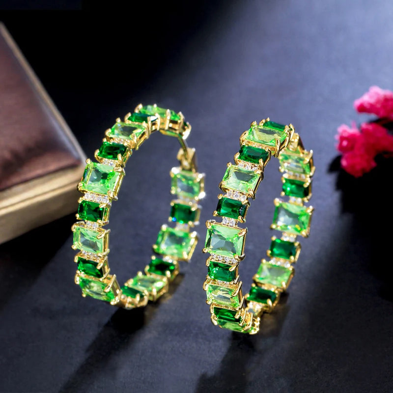 Green CZ Big Hoop Earrings for Women Dress Jewelry E1019