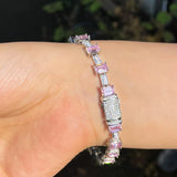 Pink CZ Geometric Rectangle Link Bracelet for Women BR208