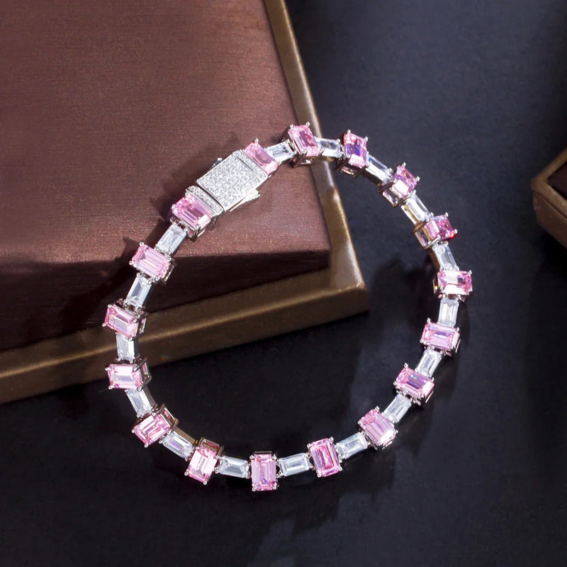 Pink CZ Geometric Rectangle Link Bracelet for Women BR208