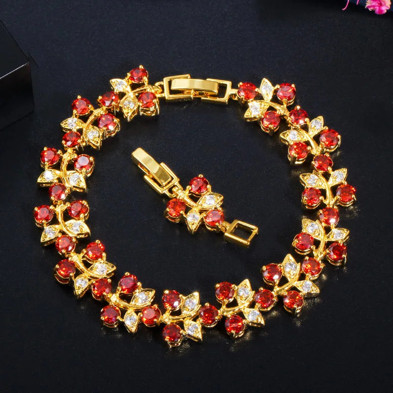 ThreeGraces Red CZ Leaf Chain Bracelet for Women BR261