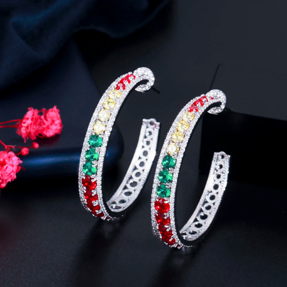 ThreeGraces Multicolor CZ Silver Hoop Earrings for Women E1072