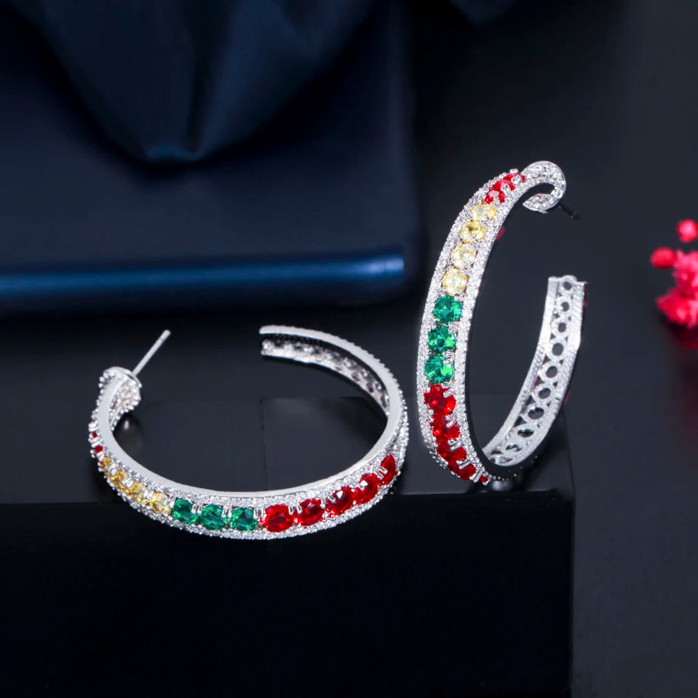 ThreeGraces Multicolor CZ Silver Hoop Earrings for Women E1072