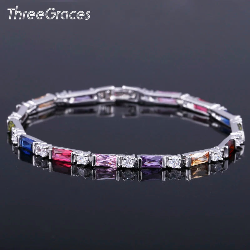 ThreeGraces Silver CZ & Multicolored Crystal Bracelet for Women
